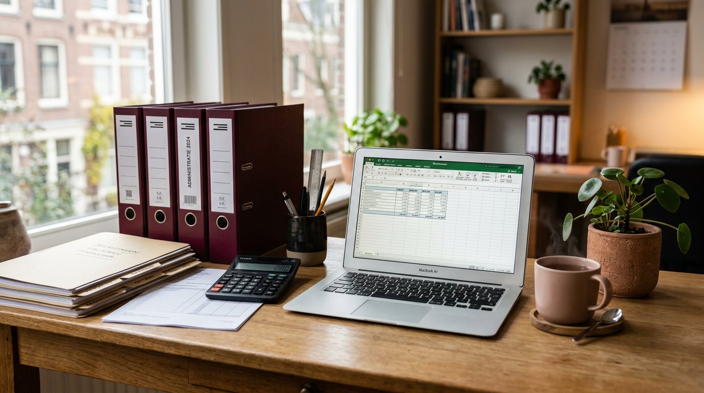 Nette administratie met bordeaux ordners, rekenmachine en laptop met spreadsheet aan een houten bureau