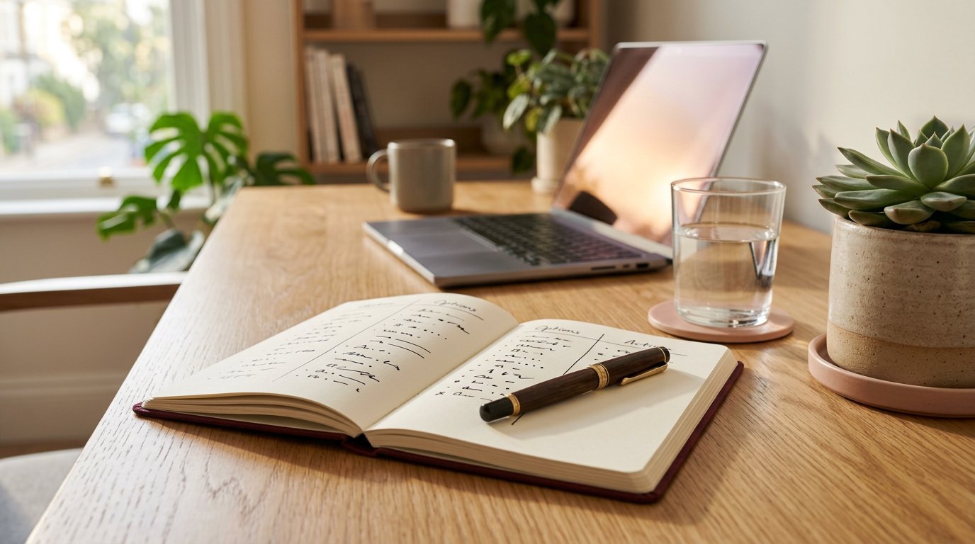 Open notitieboek met voor- en tegenlijst en pen op een rustig bureau: eerst afwegen en rekenen, dan pas kiezen
