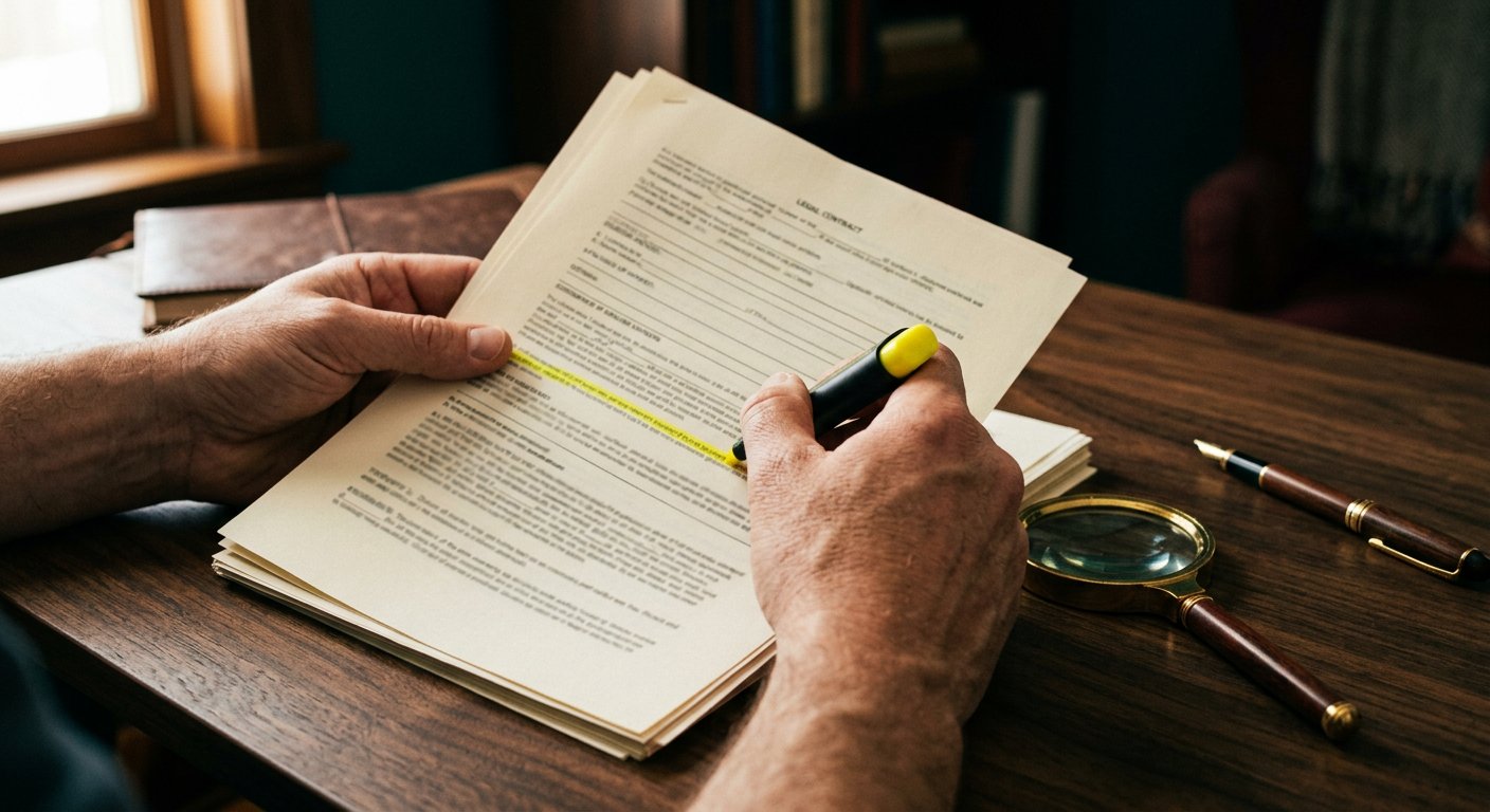 Handen die een contract doorlezen en een clausule markeren