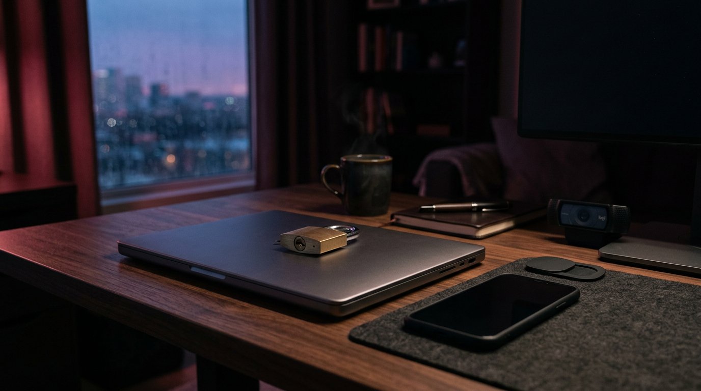 Dichte laptop met hangslot en afgedekte webcam in schemerlicht: gelekte content kun je voorkomen maar nooit volledig uitsluiten
