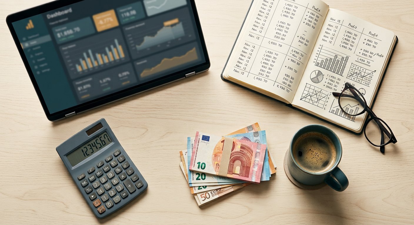 Administratie met rekenmachine, laptop en eurobiljetten: omzet is geen inkomen