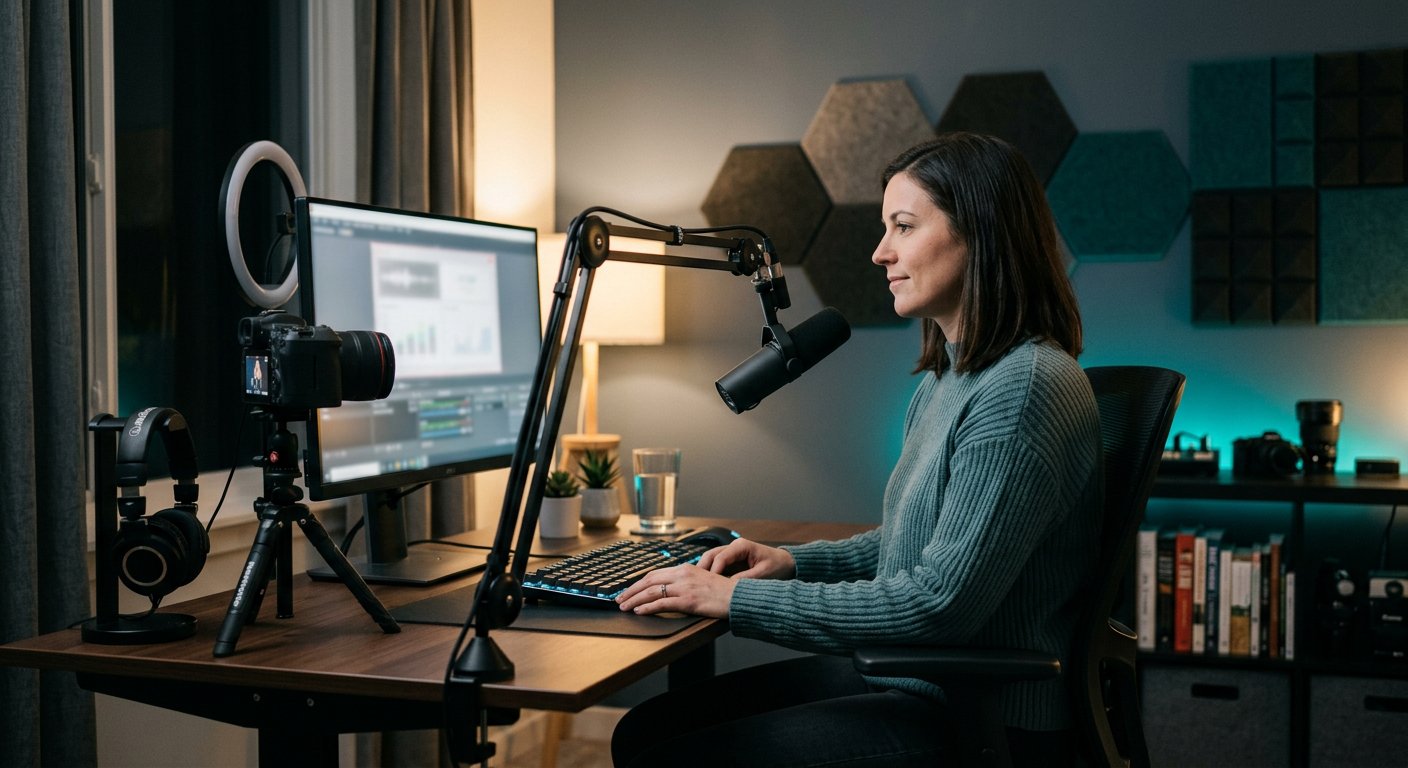 Professionele, nette thuiswerksetting met webcam, licht en microfoon