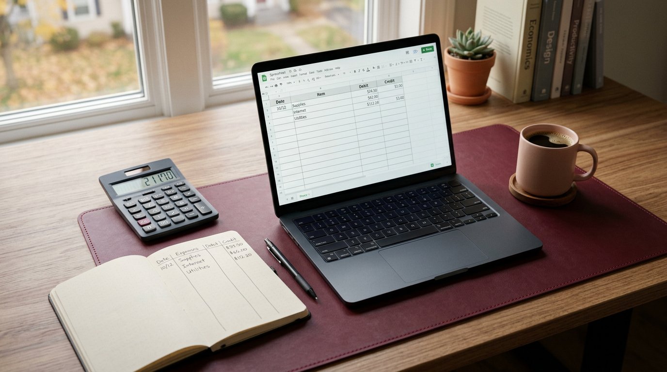 Werkbureau met rekenmachine, notitieboek met cijferkolommen en laptop met spreadsheet: omzet is pas inkomen na kosten en belasting