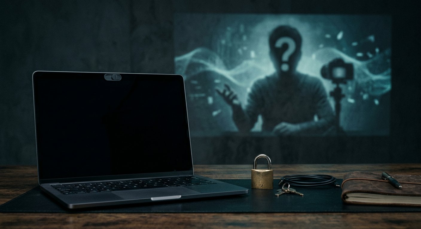 Laptop met webcam-afdekking en hangslot als symbool voor digitale privacy