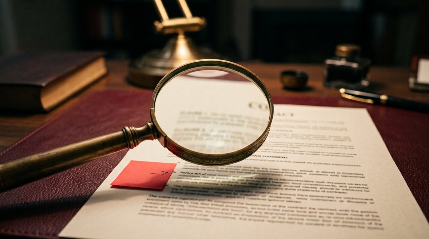 Vergrootglas op een contractpagina met rode markering: lees de kleine letters voordat je akkoord gaat