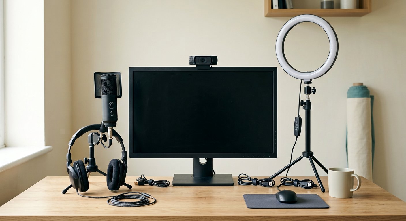 Beginners streaming-setup met webcam, ringlicht, microfoon en hoofdtelefoon
